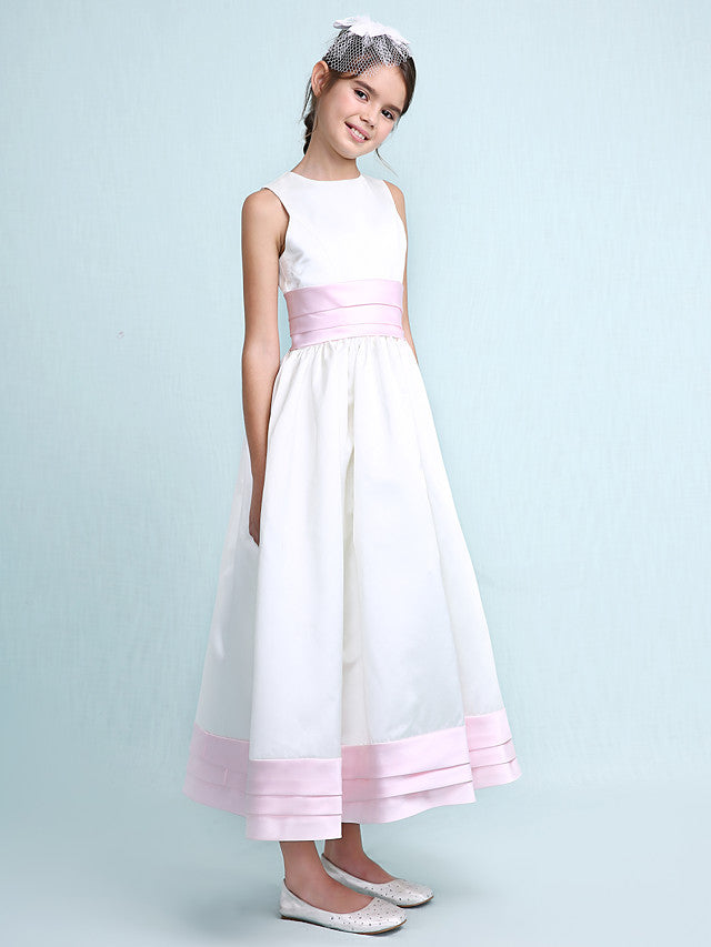 Princess A-Line Jewel Neck Satin Junior Bridesmaid Dress with Sash Ribbon Ruched Ruffles for Spring Summer Fall Winter Weddings