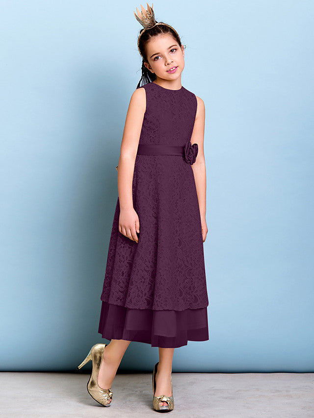 A-Line Jewel Neck Tea Length Floral Lace Junior Bridesmaid Dress with Sash & Accessories