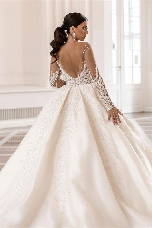 Gorgeous Long Sleeves Satin Wedding Dress with Crystal Pearl