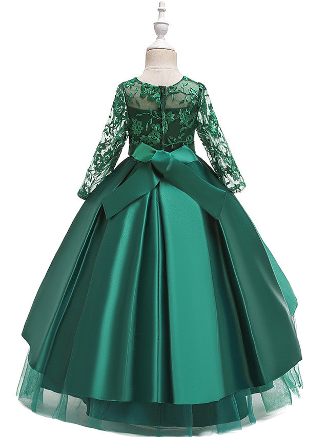 Gorgeous Long Sleeve Jewel Neck Flower Girl Dress with Tulle Satin Crystals and Lace Belt