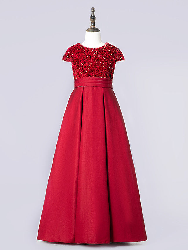 Column Cap Sleeve Jewel Neck Flower Girl Dress with Satin Pleats and Sequins