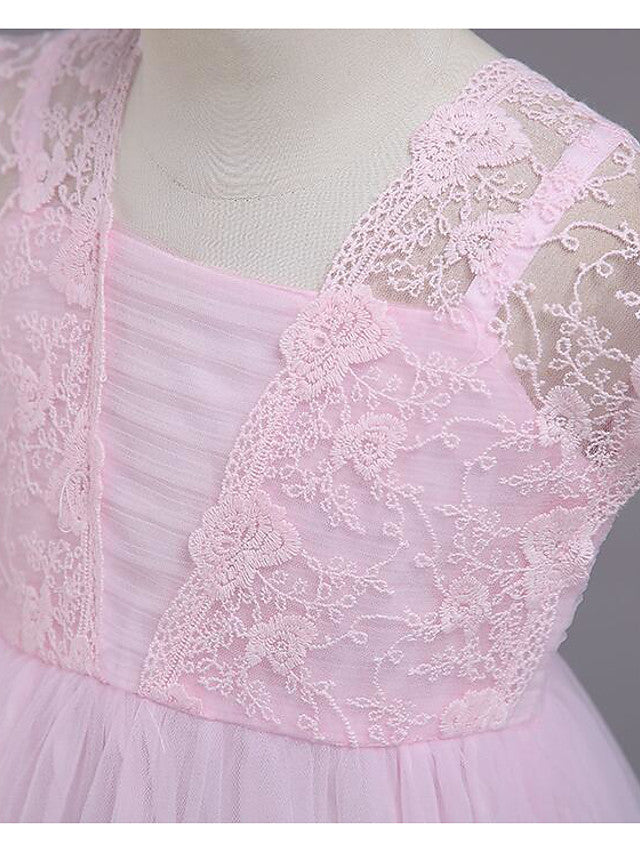Cap Sleeve Square Neck Flower Girl Dress with Lace Tulle Cotton and Lace Belt