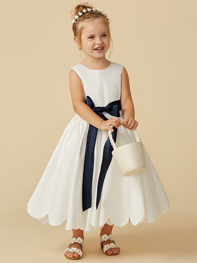 Sleeveless Jewel A-Line Tea Length Flower Girl Dress with Taffeta Sash and Pleats