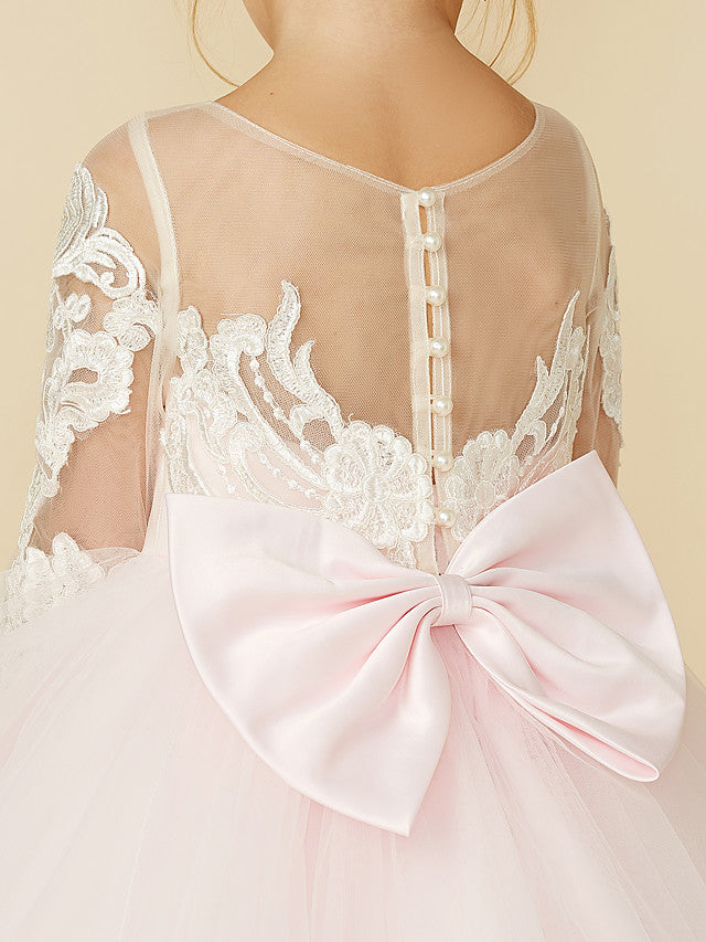 Ball Gown Long Sleeve Illusion Neck Flower Girl Dress with Lace Tulle Bows and Buttons