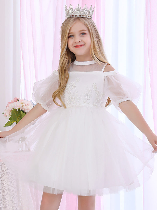 Halter Neck 3/4 Length Sleeve Satin Ball Gown with Beadings and Appliques for Flower Girl