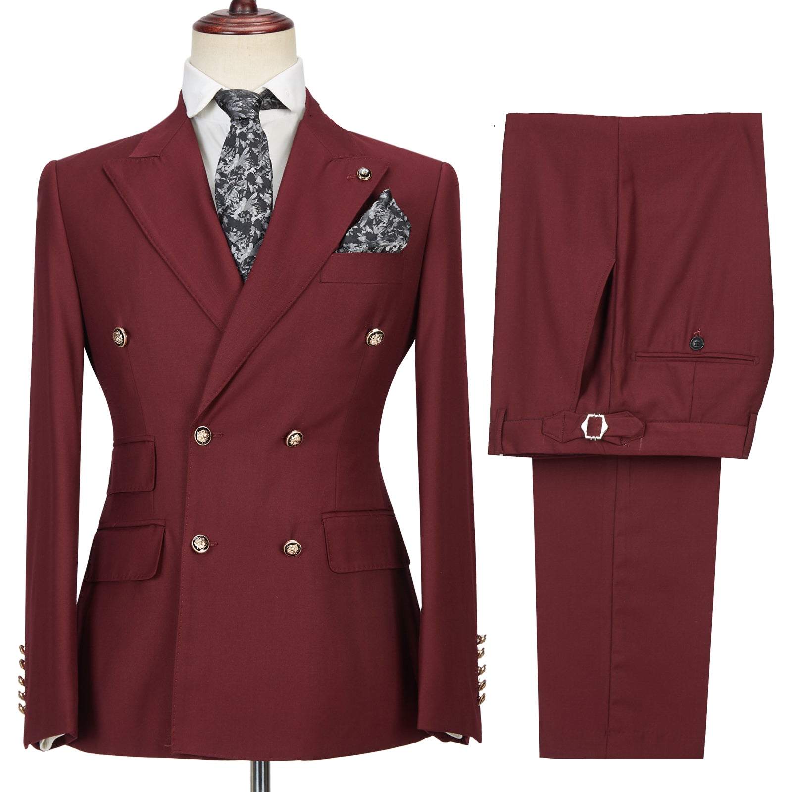 Glamorous Burgundy Groomsmen Outfits with Peak Lapel Double Breasted