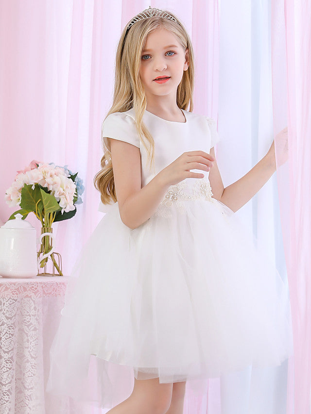 Princess Cap Sleeve Jewel Neck Ball Gown Flower Girl Dress With Beading Appliques Satin Tulle