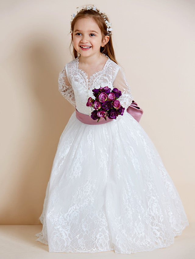 Long Sleeve V Neck Ball Gown with Lace Tulle Ribbon Bow and Lace Sash for Flower Girl Dress