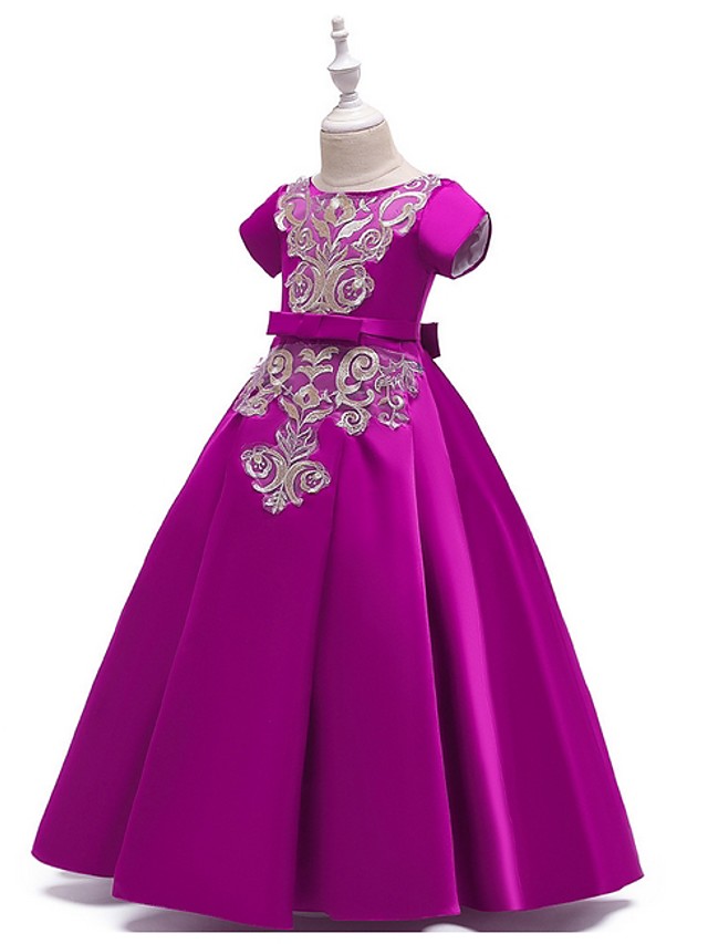 A-Line Flower Girl Dress with Short Sleeves and Bow Appliques - Floor Length