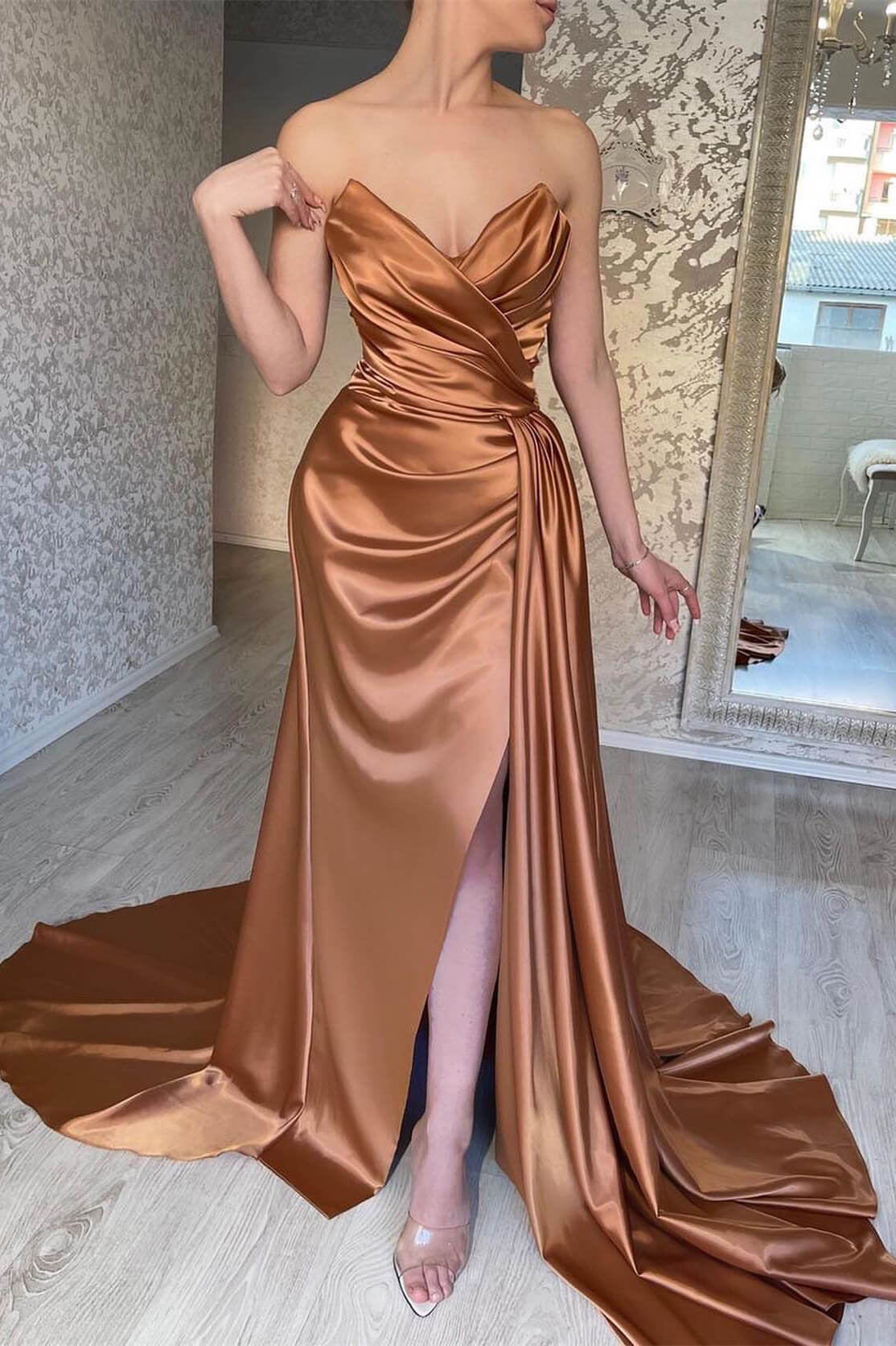 Brown Sweetheart Mermaid Prom Dress with Ruffles and Split Sleeveless