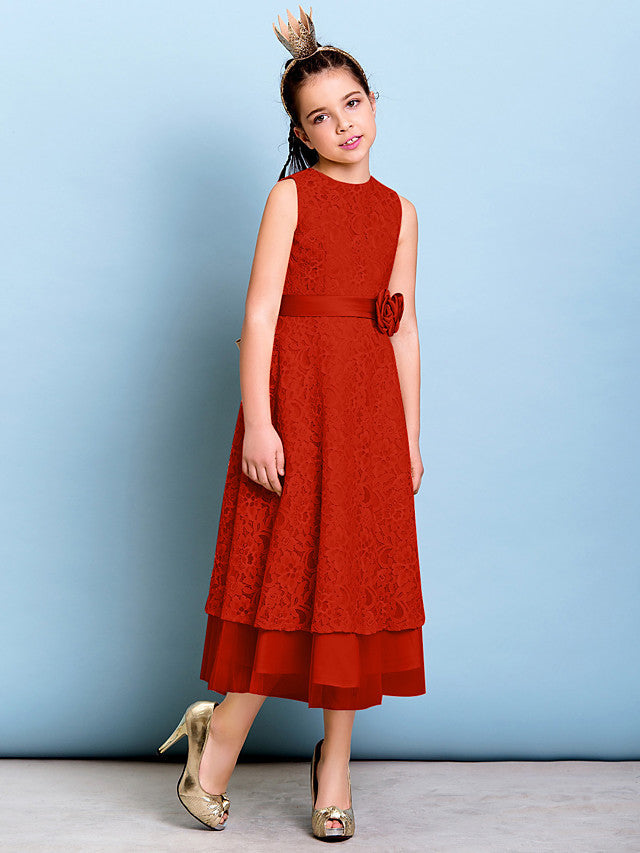 A-Line Jewel Neck Tea Length Floral Lace Junior Bridesmaid Dress with Sash & Accessories