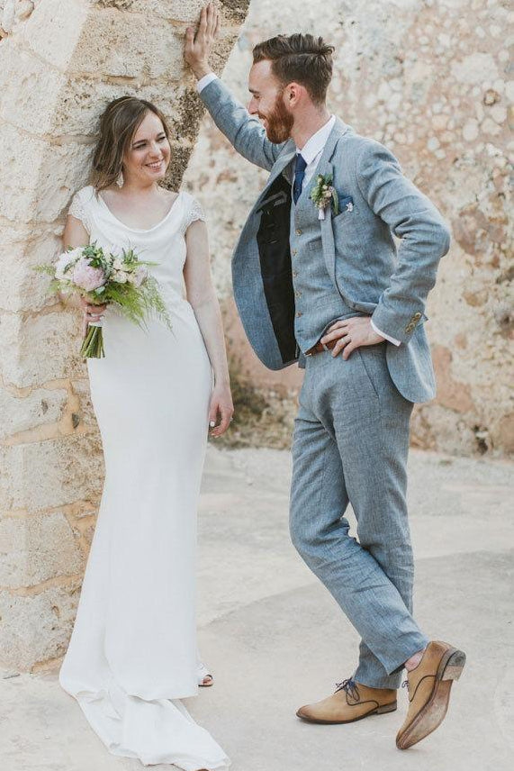 Latest Summer Blue Linen Notched Lapel Wedding Suit