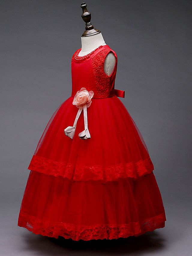 Lace Tulle Polyester Sleeveless Jewel Floor Length Flower Girl Dress With Pearls and Appliques