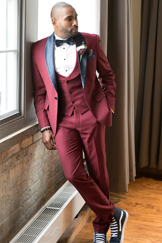 Stylish Burgundy Slim Fit Wedding Tuxedo with Black Shawl Lapel