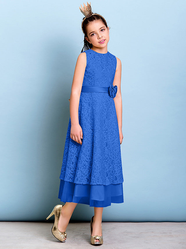 A-Line Jewel Neck Tea Length Floral Lace Junior Bridesmaid Dress with Sash & Accessories