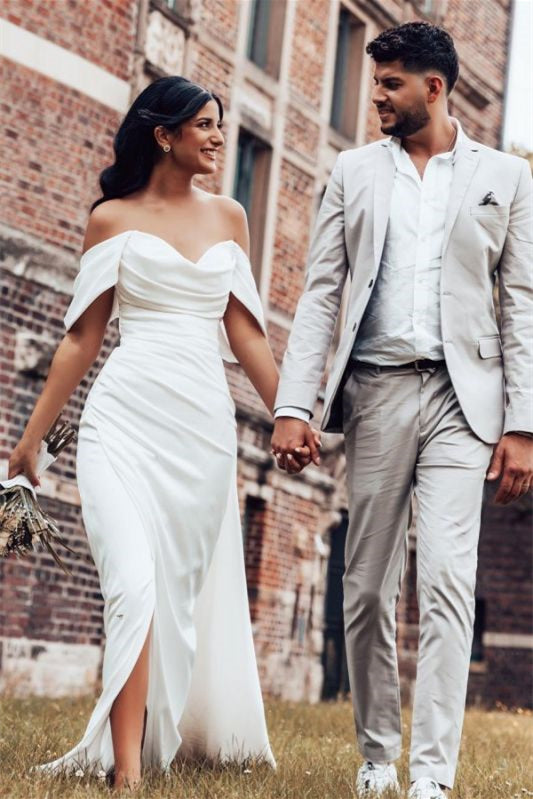 Charmeuse Off-The-Shoulder Wedding Dress with Split