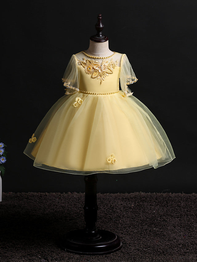 Princess Midi Dress for Weddings & Birthdays: Satin Tulle Jewel Neck with Bow(s) Pearls & Beading