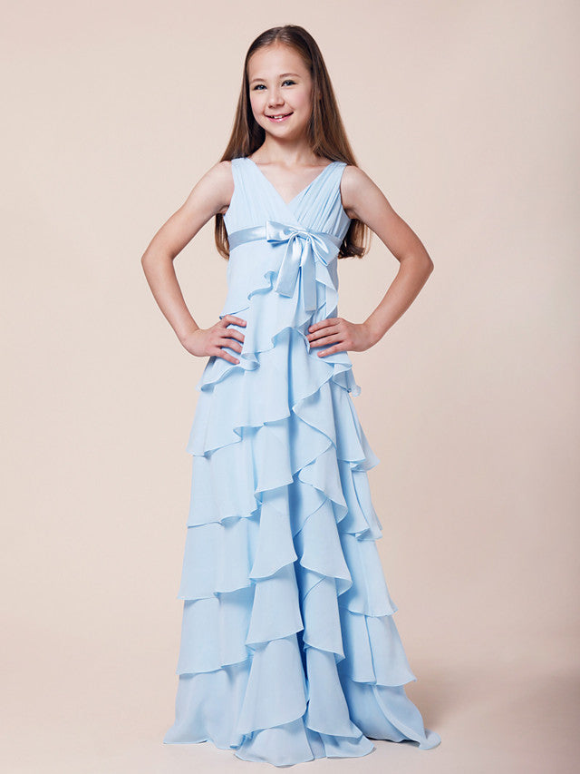 A-Line V Neck Floor Length Chiffon Stretch Satin Flower Girl Dress with Bow
