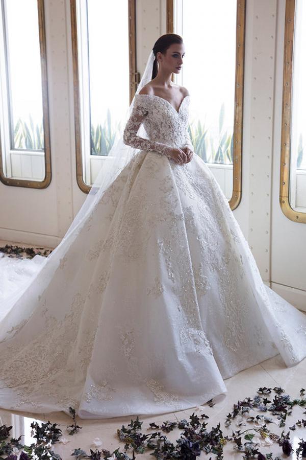 Gorgeous Off-the-Shoulder A-Line Wedding Dress with Sweetheart Neckline, Long Sleeves, and Appliques Lace Crystal