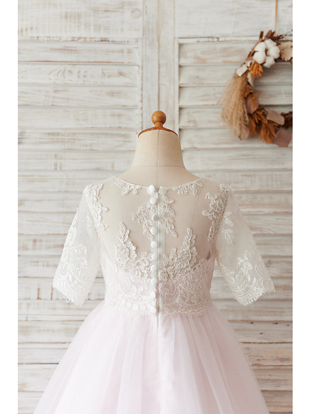 Lace Tulle Half Sleeve Ball Gown Wedding Birthday Flower Girl Dresses With Buttons