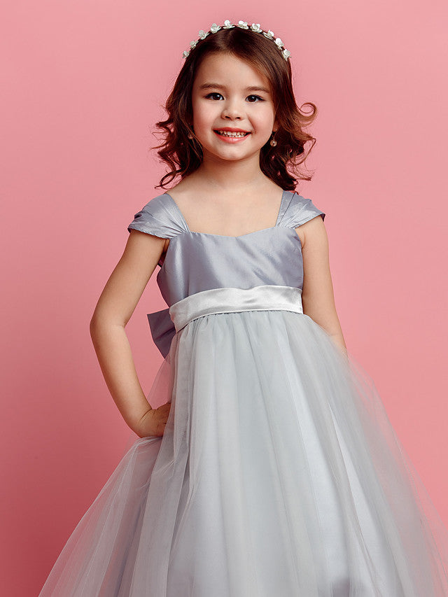 Short Sleeve Square Neck Ball Gown Pageant Dress with Taffeta Tulle Sash Ribbon & Bow