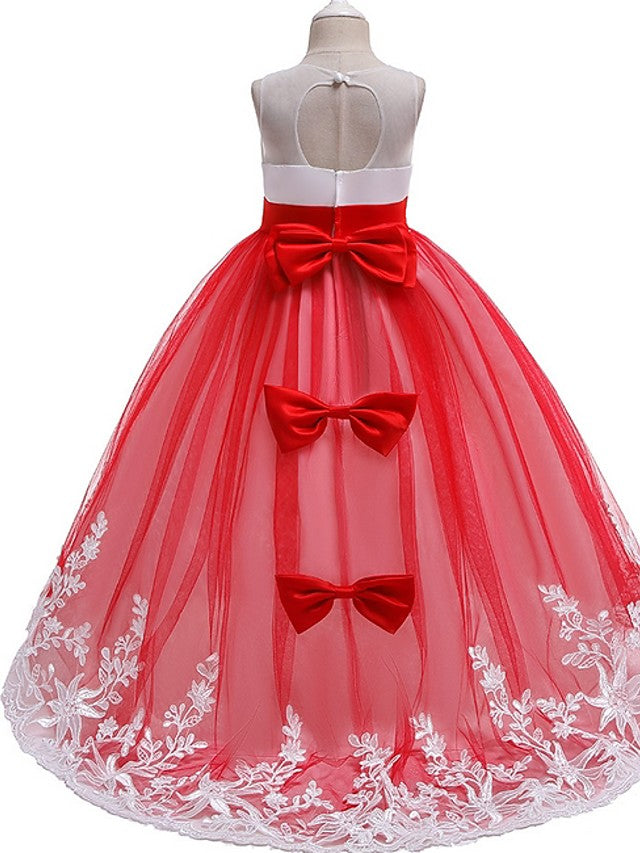 Princess Tulle Sleeveless Jewel Flower Girl Dress with Bow Appliques Beading