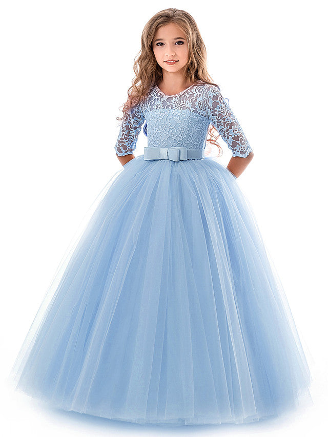 Half Sleeve Jewel Long Length Flower Girl Dress with Lace Tulle and Lace Belt Bow