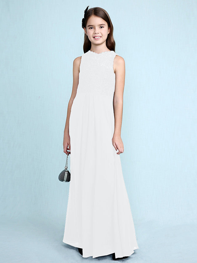 Sheath Column Scoop Neck Floor Length Chiffon & Lace Junior Bridesmaid Dress