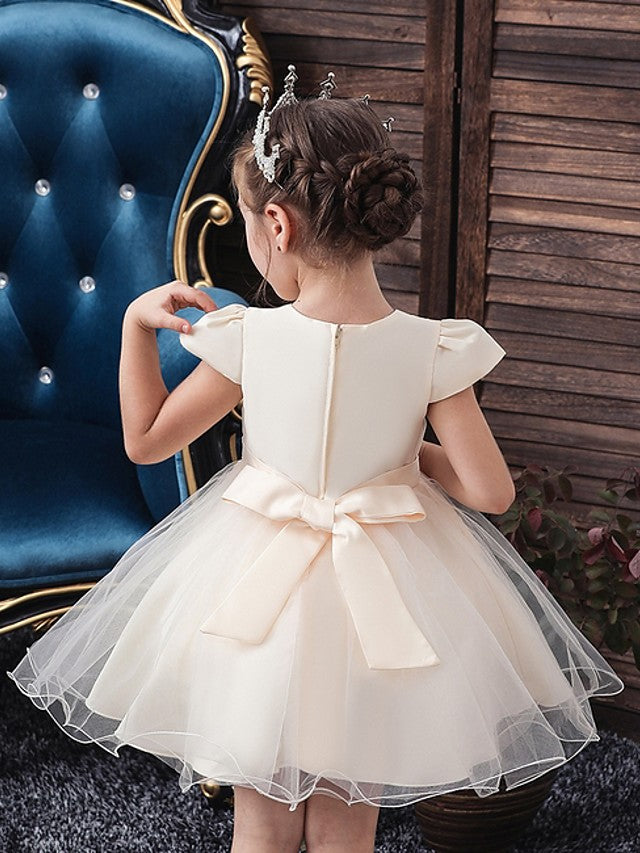 Short Sleeve V Neck Flower Girl Dresses with Tulle Sash Ribbon and Bow Appliques
