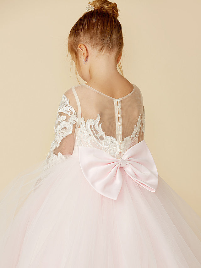Ball Gown Long Sleeve Illusion Neck Flower Girl Dress with Lace Tulle Bows and Buttons