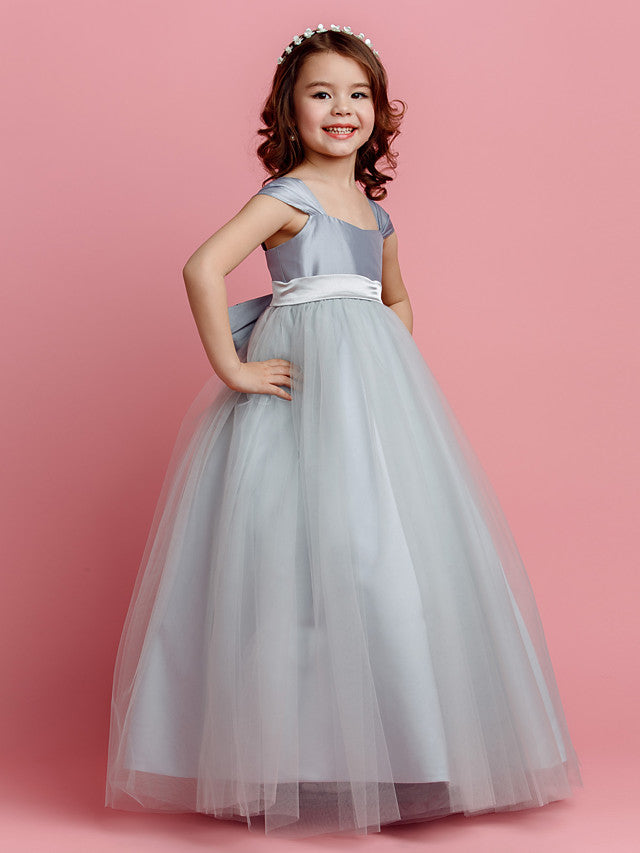Short Sleeve Square Neck Ball Gown Pageant Dress with Taffeta Tulle Sash Ribbon & Bow