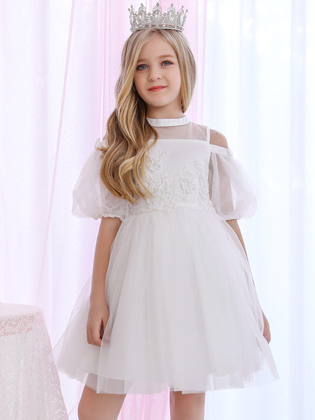 Halter Neck 3/4 Length Sleeve Satin Ball Gown with Beadings and Appliques for Flower Girl