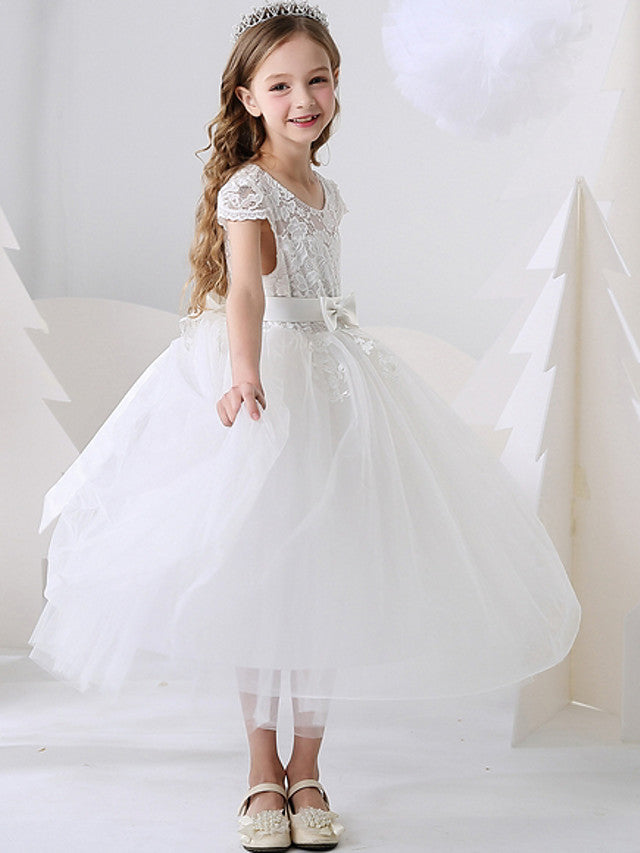 Ankle Length Flower Girl Dress with Bow Appliques