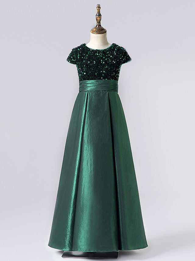 Column Cap Sleeve Jewel Neck Flower Girl Dress with Satin Pleats and Sequins