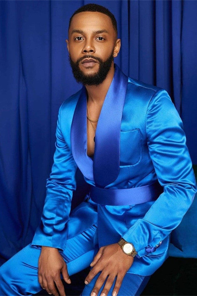 Popular Blue Groom and Groomsman Suits with Shawl Lapel