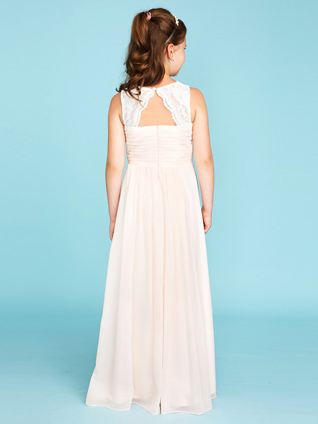 Princess A-Line Strap Floor Length Chiffon Lace Junior Bridesmaid Dress With Ruched Side-Draped for Wedding Party