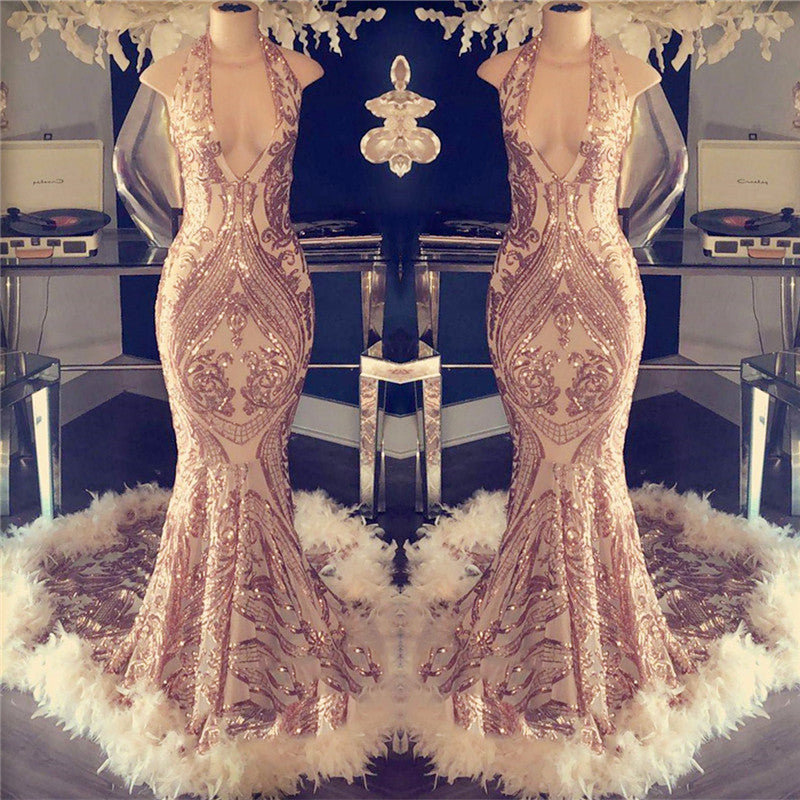 Mermaid Sequins Halter Prom Dress with Open Back