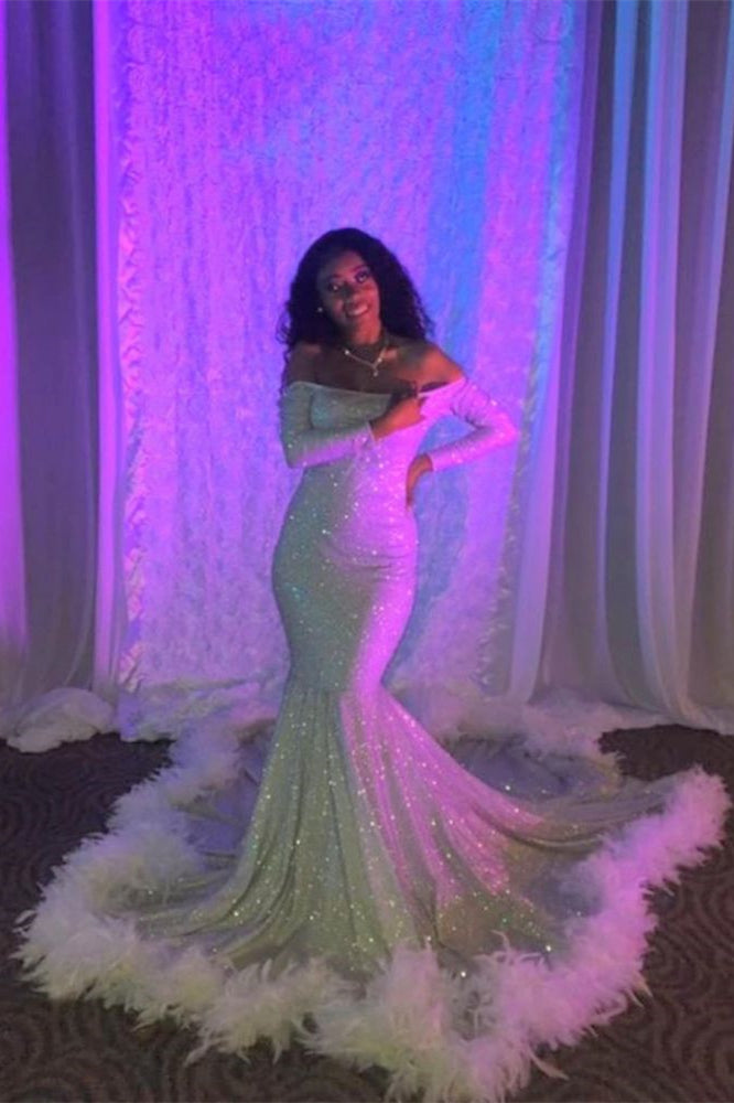 Off-the-Shoulder Sequins Long Sleeves Mermaid Prom Dress with Feathers