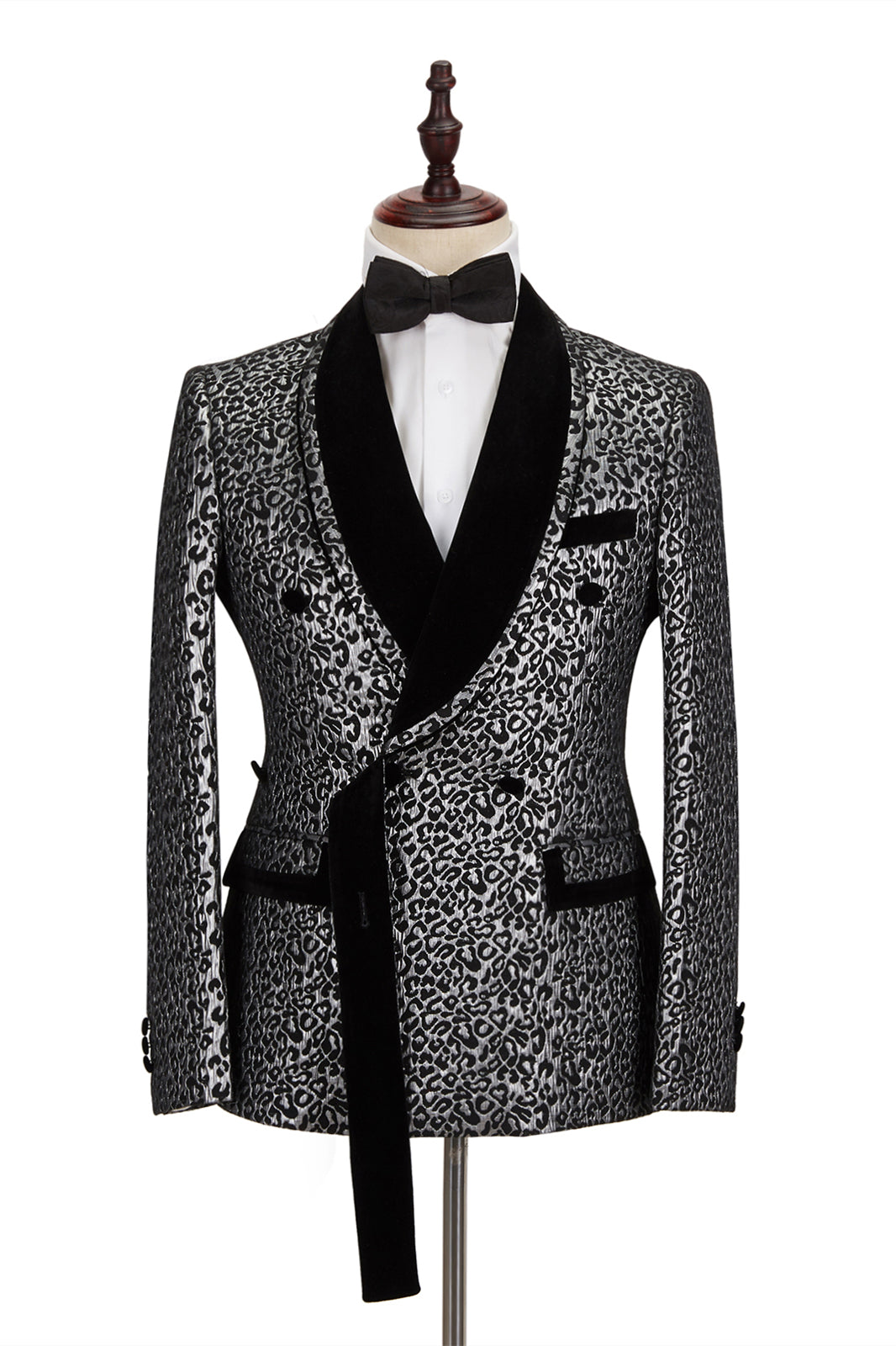Silver Leopard Prom Outfits for Men - Jacquard Shawl Lapel with Double Breasted Black Stitching