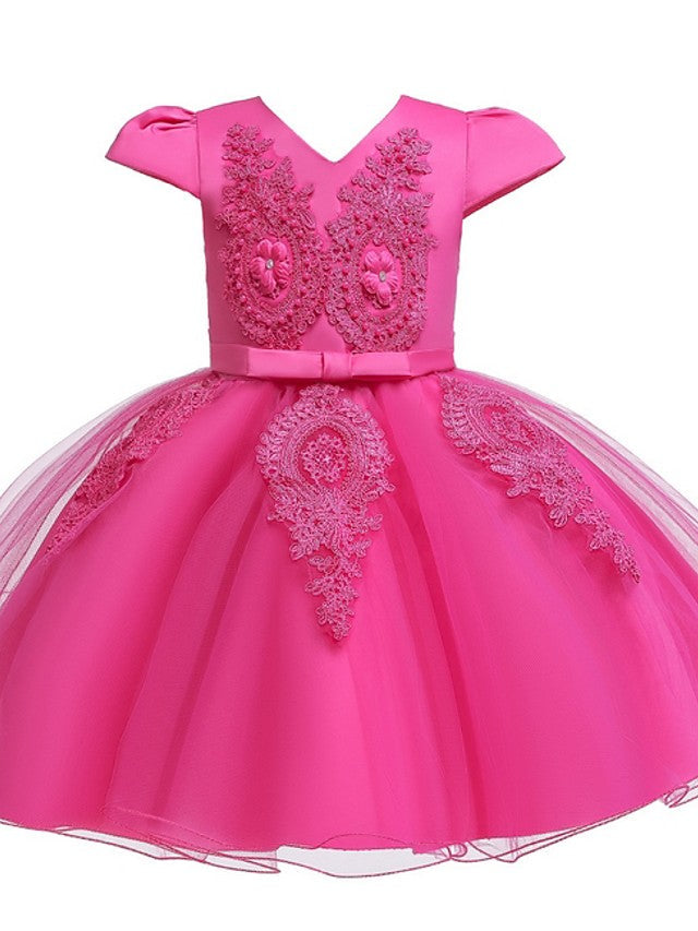 Short Sleeve V Neck Flower Girl Dresses with Tulle Sash Ribbon and Bow Appliques
