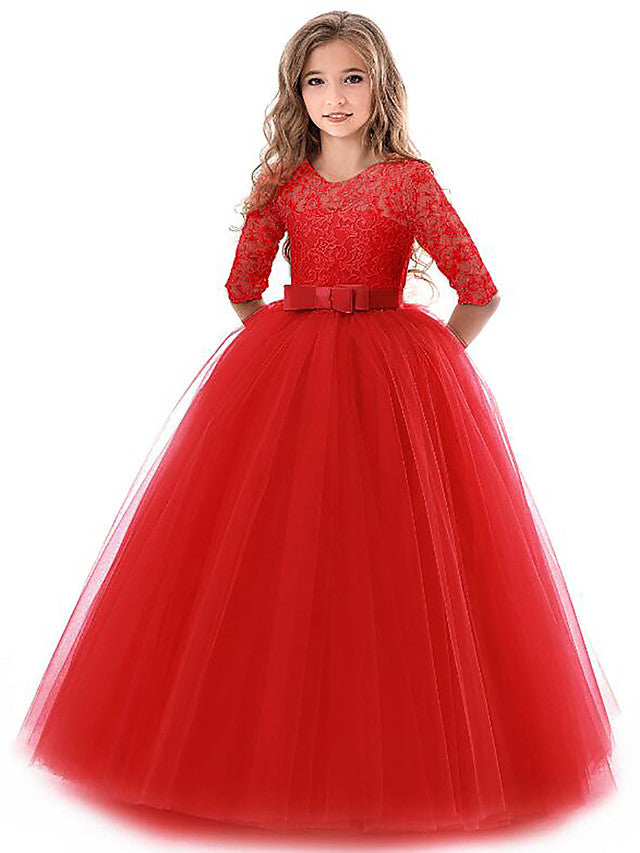 Half Sleeve Jewel Long Length Flower Girl Dress with Lace Tulle and Lace Belt Bow
