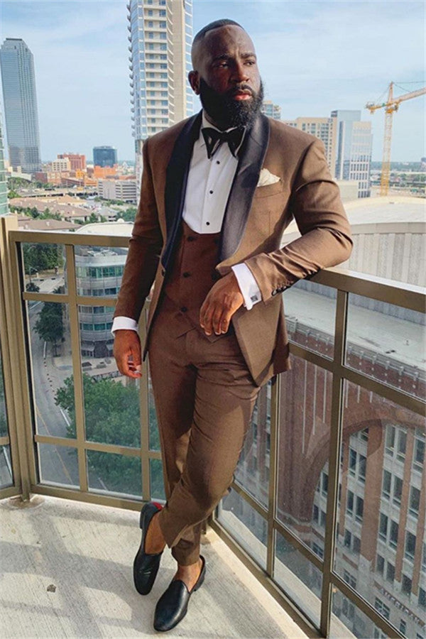 3 Pieces High Quality Brown & Black Shawl Lapel Party Prom Suit for Men