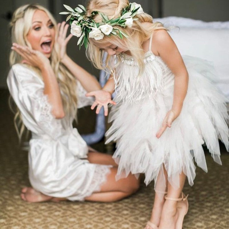 Cute A-line Spaghetti Straps Flower Girl Dress with Feathers