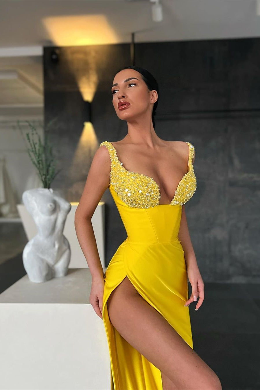 Mermaid Yellow Sequins Straps Prom Dress With Slit