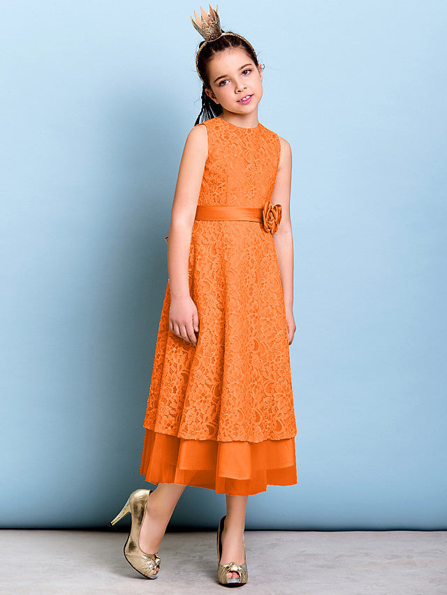 A-Line Jewel Neck Tea Length Floral Lace Junior Bridesmaid Dress with Sash & Accessories