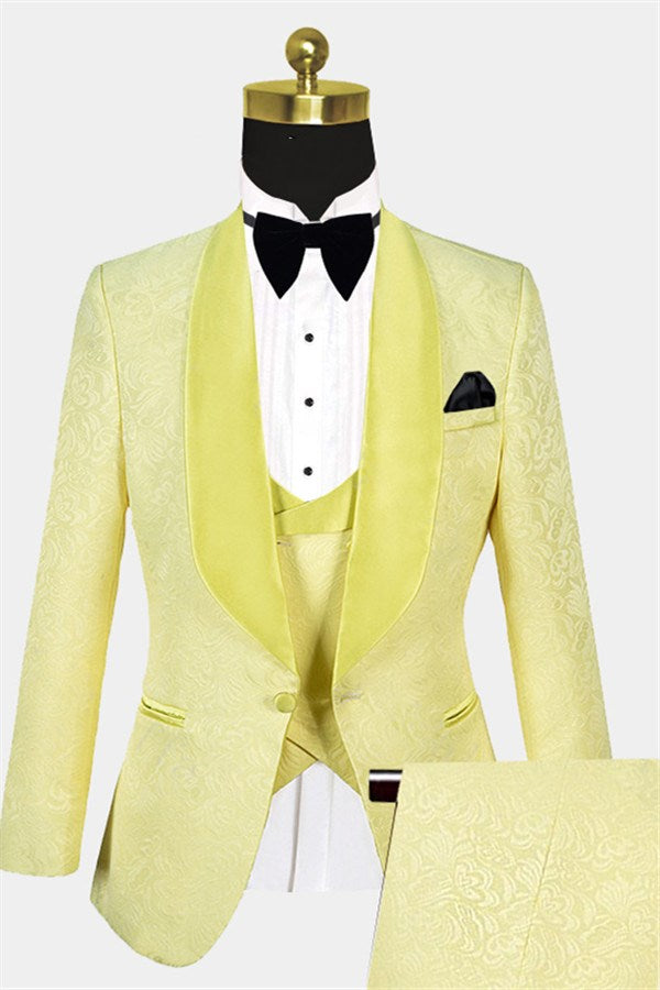 Unique Three Pieces Shawl Lapel Yellow Jacquard Morning Suit