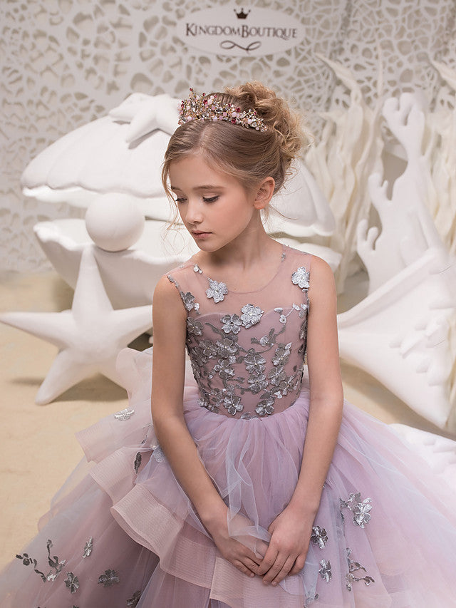 Lace Organza Tulle Maxi Dress for Flower Girls - Sleeveless Jewel Neck with Lace Appliques and Buttons