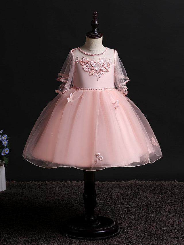 Princess Midi Dress for Weddings & Birthdays: Satin Tulle Jewel Neck with Bow(s) Pearls & Beading