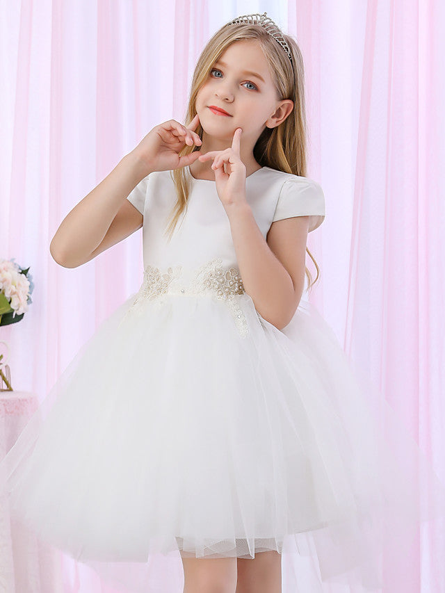 Princess Cap Sleeve Jewel Neck Ball Gown Flower Girl Dress With Beading Appliques Satin Tulle