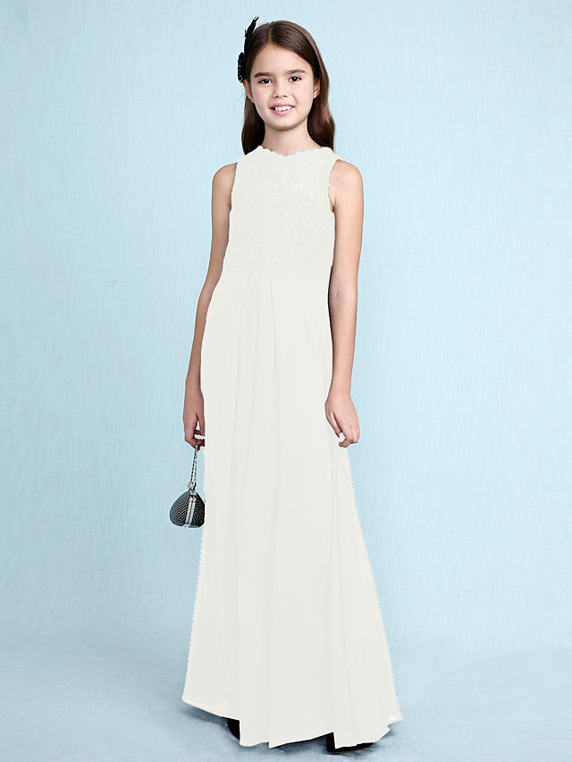 Sheath Column Scoop Neck Floor Length Chiffon & Lace Junior Bridesmaid Dress